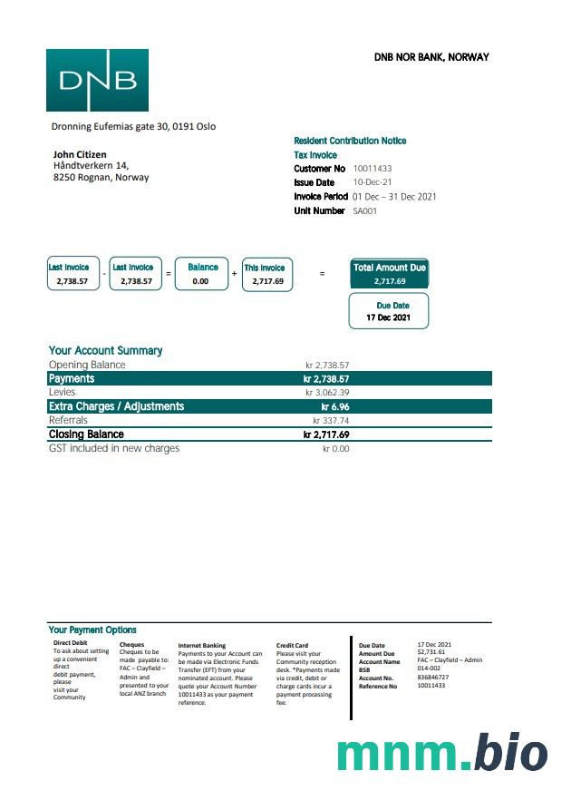 Norweski szablon wyciągu bankowego DNB w programie Word i PDF